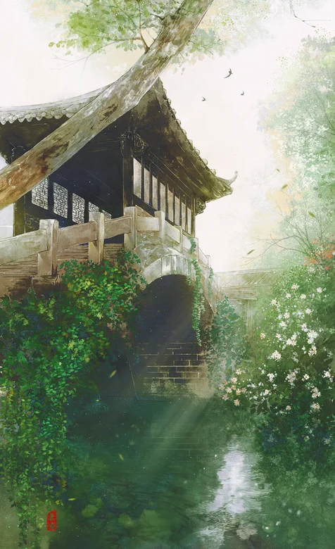 一座拱桥，一棵斜着的大树，花草，湖水等风景手机壁纸