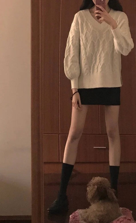 毛衣，短裙，美腿美女不露脸自拍，还有一只宠物狗狗