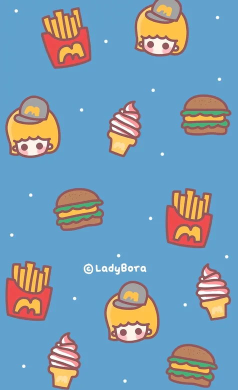 好多汉堡、冰淇淋、薯片、可爱女头卡通手机壁纸