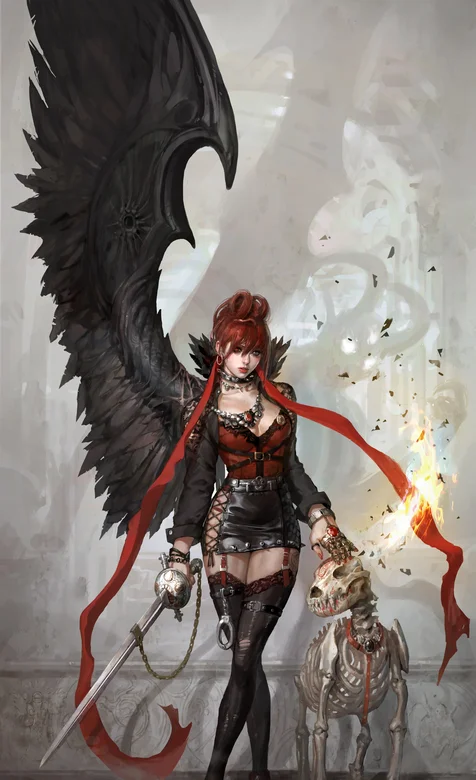 拿剑的黑色大翅膀游戏女角色超清5K手机壁纸