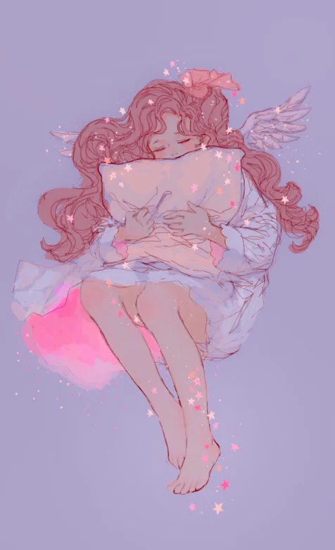 抱着枕头 蜷着双腿的 长卷发睡裙动漫女孩手机壁纸大图