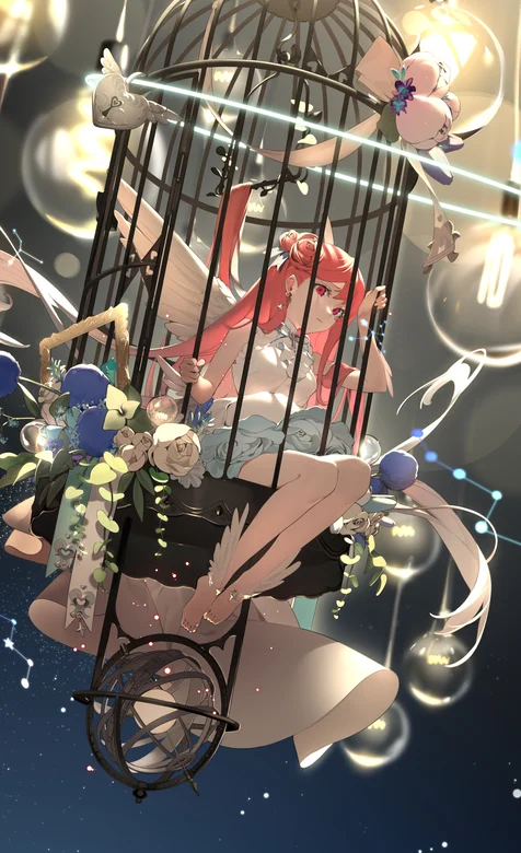 笼子里长着翅膀的动漫美女4K手机壁纸