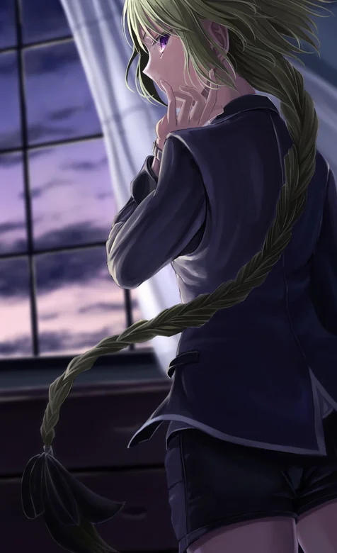 站在窗前的长辫子动漫女孩手机壁纸