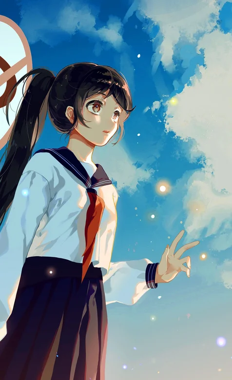 路边指示牌下的马尾辫动漫学生妹子手机壁纸