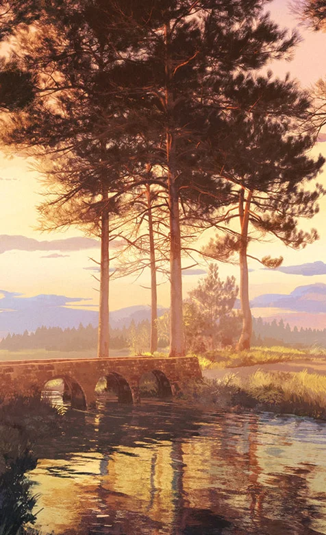 乡村的小溪，拱桥，和路边的树唯美油画手机壁纸