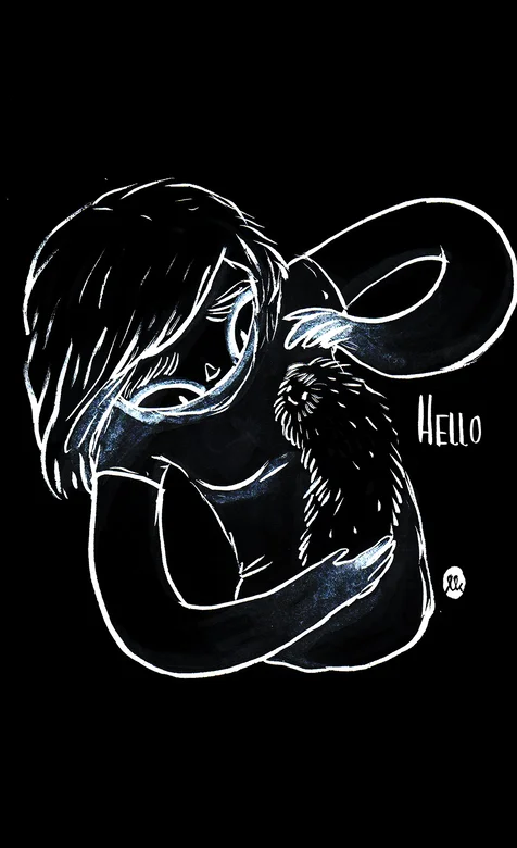 线条手绘创意的抱着宠物的女生