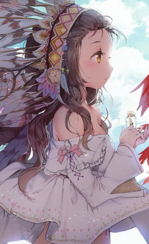 戴着印度安人标志性羽毛头饰的动漫女孩手机壁纸