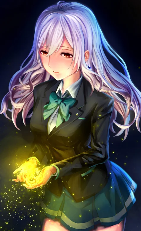 手捧萤火虫的紫色头发的动漫美女手机壁纸