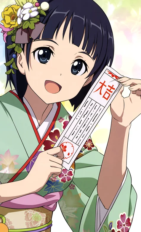 头上戴花正在抽签的动漫和服少女高清4K手机壁纸