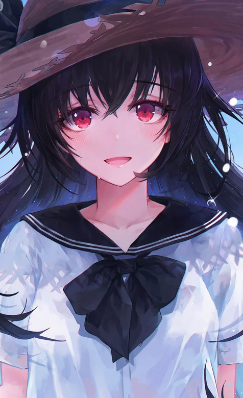 带草帽红色瞳孔的动漫学生妹