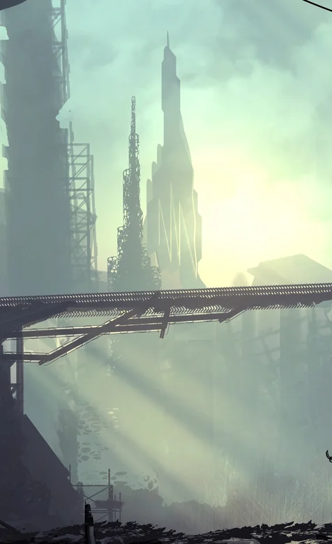 烟雾中的未来世界的城市废墟高清手机壁纸图片