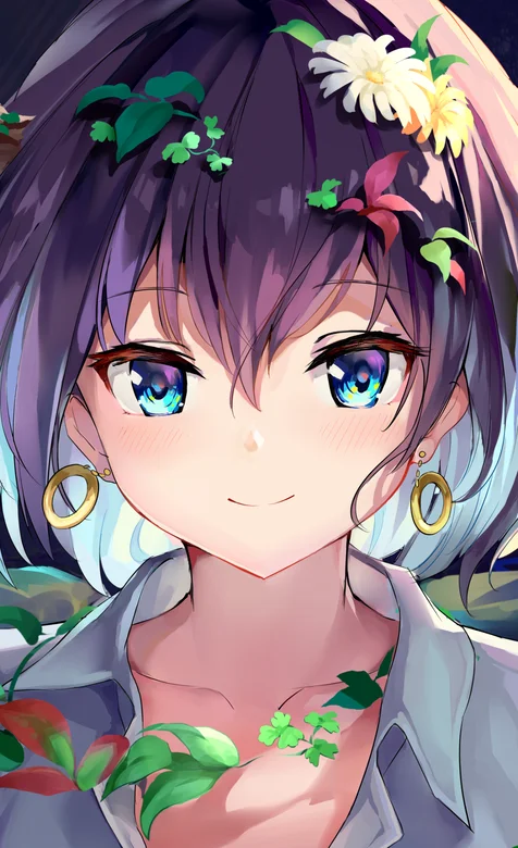 花草环绕的动漫大眼美女手机壁纸
