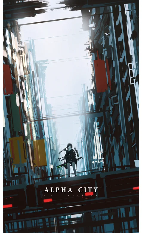 站在天桥的少女剑客手绘插画壁纸