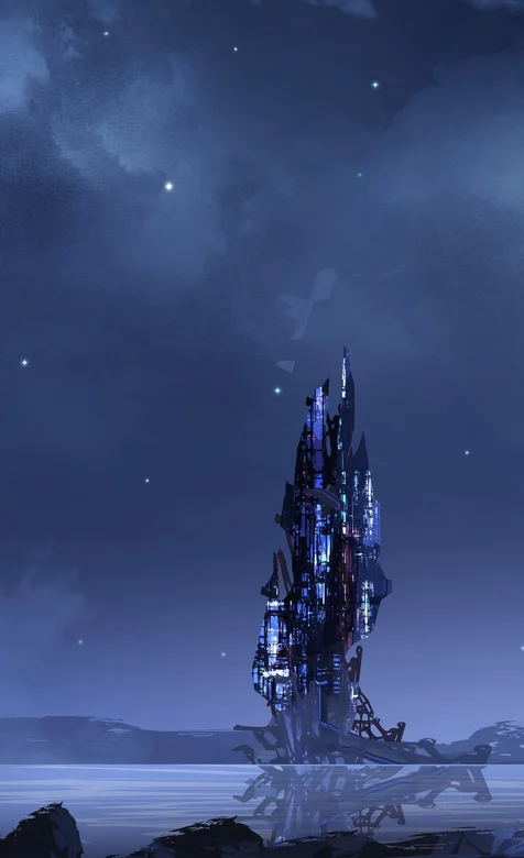 动漫手绘建在河流上的科技大楼手机壁纸