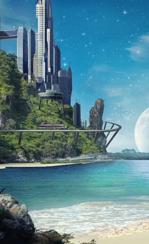 海边的未来科技大楼唯美景色手机壁纸