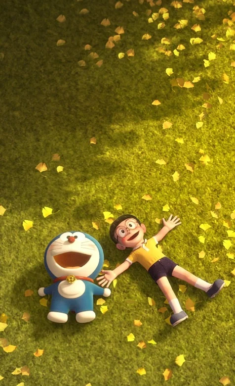 躺在草地上的大雄和叮当猫哆啦A梦手机壁纸