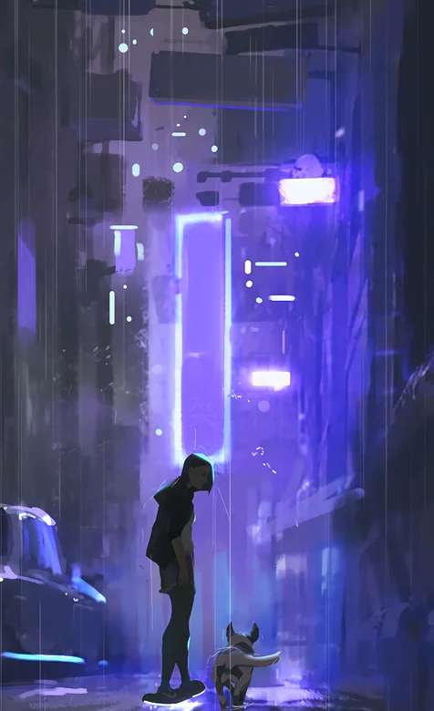 手绘城市夜间街道里的小女生和他的宠物狗手机壁纸