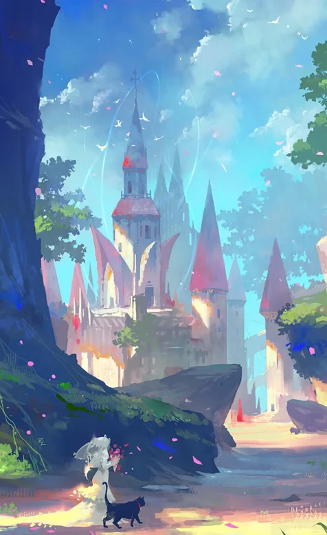 手绘动漫童话场景新娘带着他的黑猫回古堡