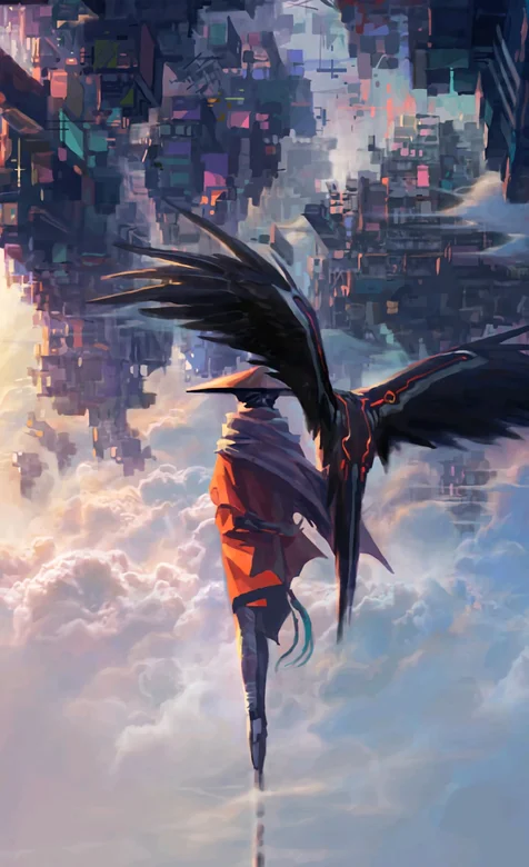 飞在天空中戴斗笠的神秘人物和他的老鹰