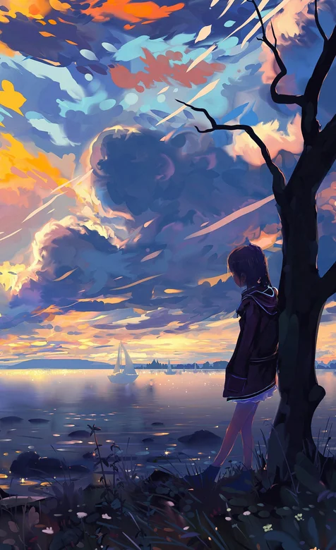 靠在海边枯树上的女生唯美动漫场景壁纸