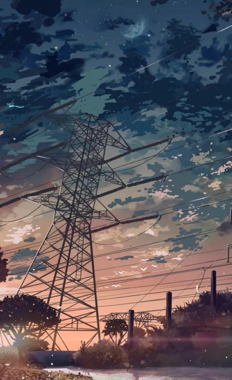 高压电线塔上的天空唯美动漫场景手机壁纸