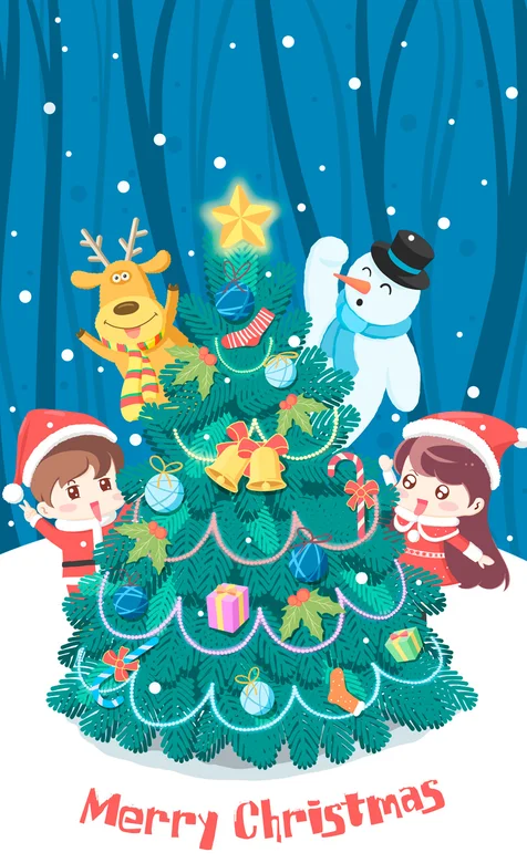 雪中的圣诞树节日卡通手机壁纸