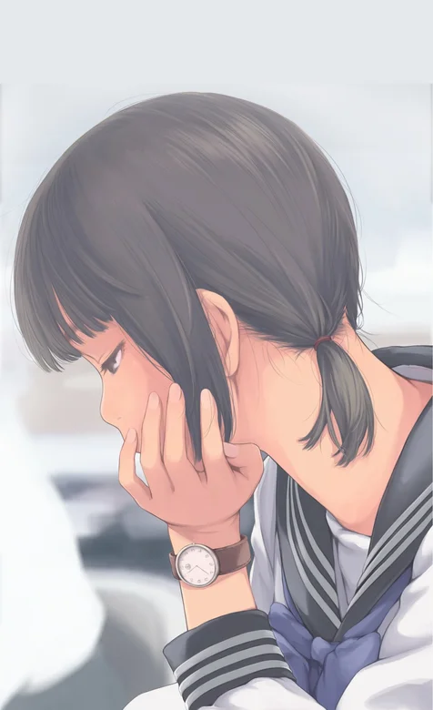 单手托头看书的动漫学生妹手机壁纸