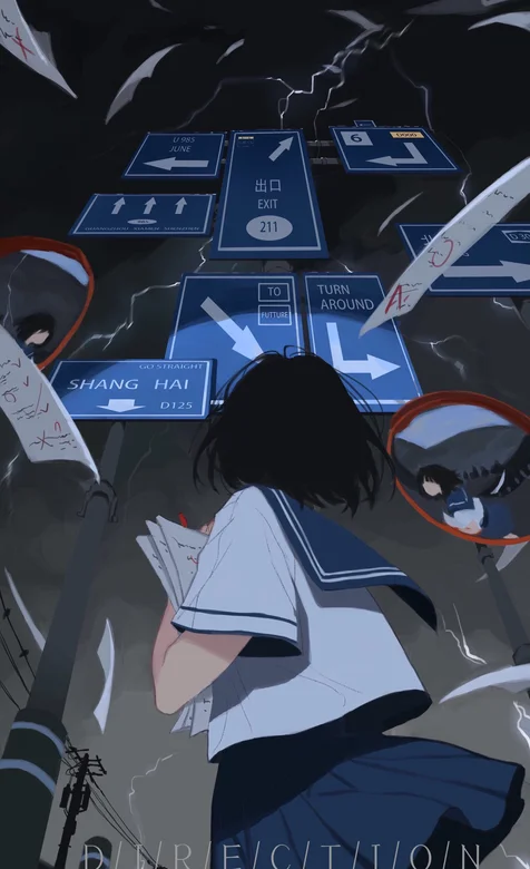 站在广告牌的抱着书的动漫学生妹2K大屏幕手机壁纸