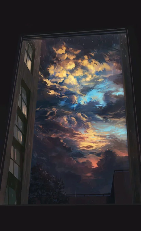 油画窗外的天空精美手机壁纸图片下载