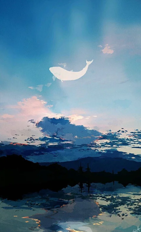 奇幻油画天空中的鱼唯美动漫风景手机壁纸