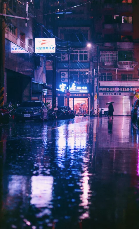 雨中的城市街道夜景风景手机壁纸