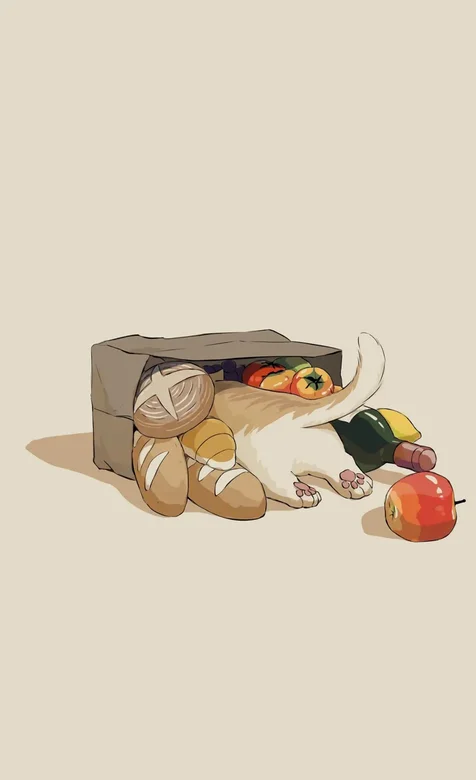 可爱的捣蛋卡通猫咪打翻面包袋的手机壁纸