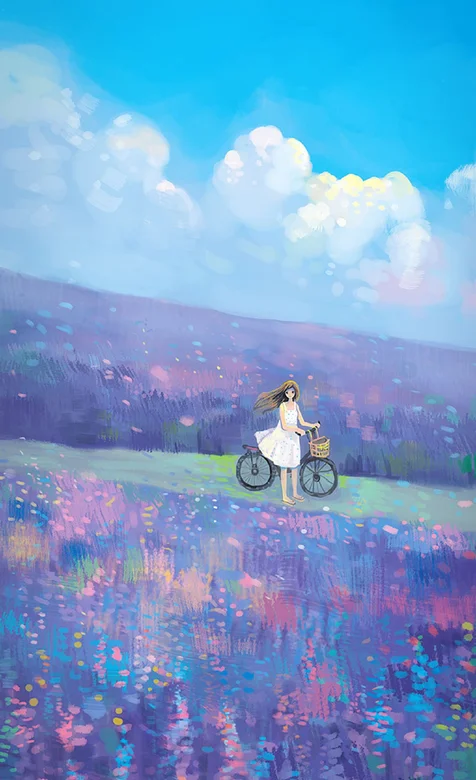 手绘紫色花海中的单车美女清新手机壁纸