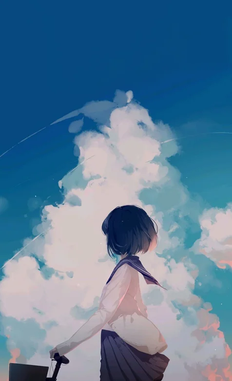 云下骑单车的短发学生妹手机壁纸