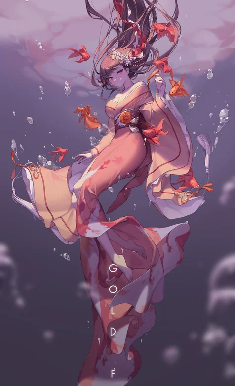 创意手绘水中的和服动漫美女手机壁纸