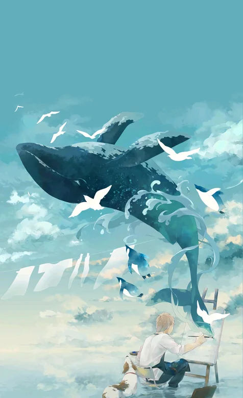 飞跃翻身的鲸鱼唯美手绘手机壁纸