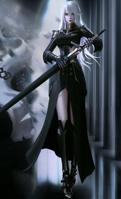 穿黑披风拔剑的长发动漫女剑士手机壁纸