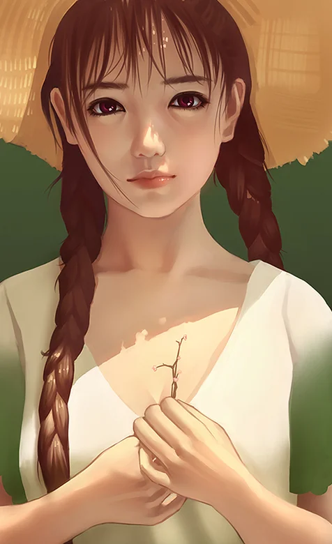 手绘戴草帽绑着大辫子的动漫少女近照手机壁纸