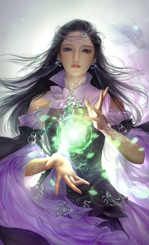 逼真手绘手中有光波的长发紫衫古风美女手机壁纸