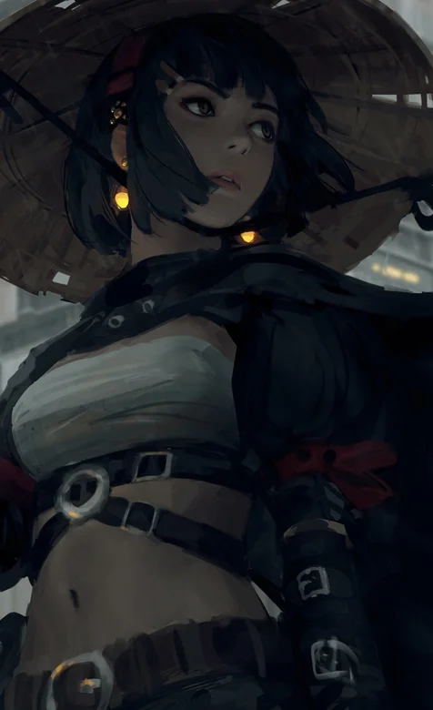 动漫戴斗笠的短发动漫女生插画手机壁纸