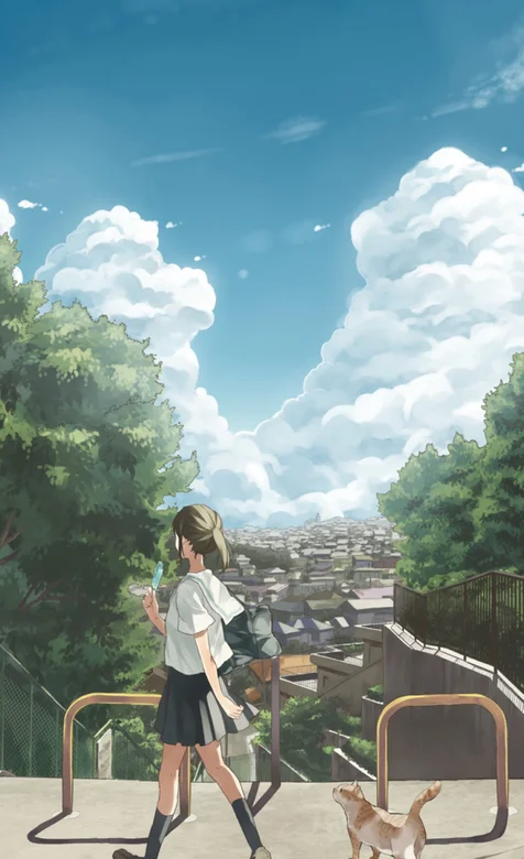 吃冰激凌牵着小狗在马路散步的学生妹手机壁纸