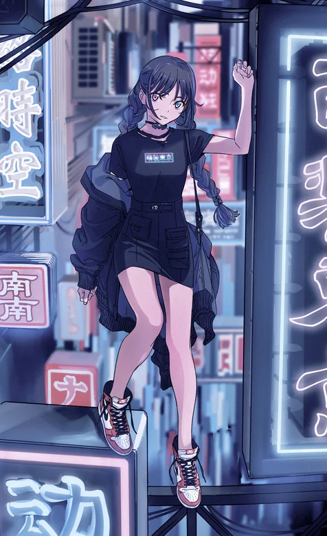 站在广告牌上的大辫子动漫女生手机壁纸