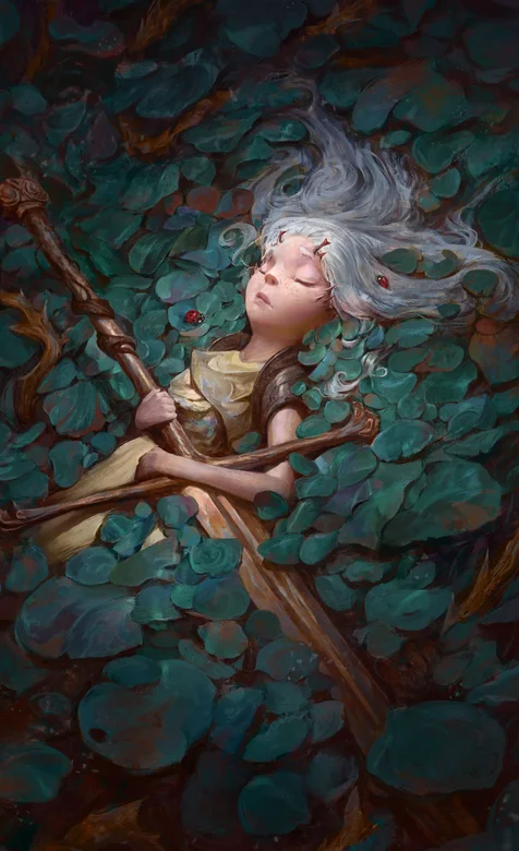 躺在水中荷叶上的动漫白发少女创意手机壁纸