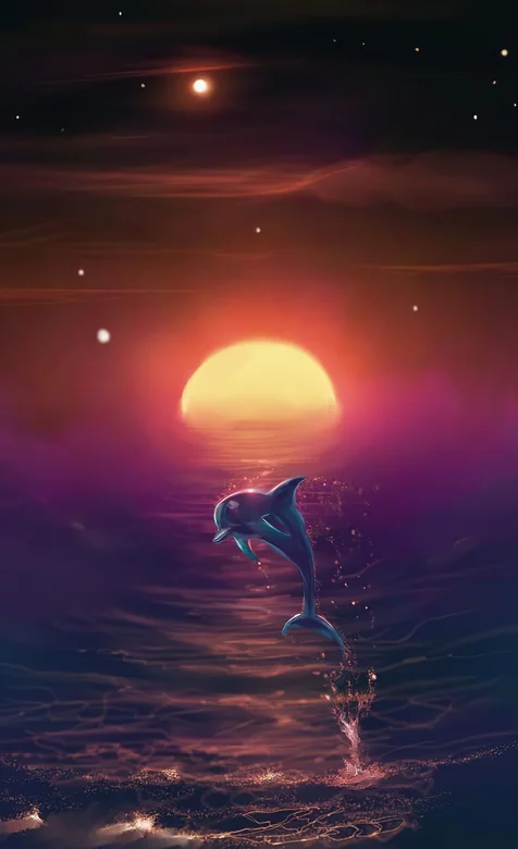 夕阳海面上飞起的海豚唯美手机壁纸
