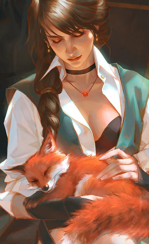 手绘抱着狐狸的大辫子美女