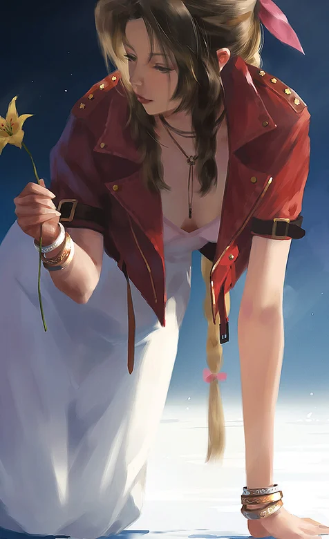 双膝跪地，手拿一束花的性感动漫女生手机壁纸图片