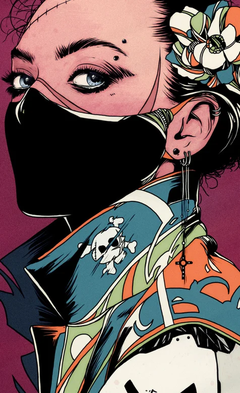 头上有疤戴口罩的时尚少女