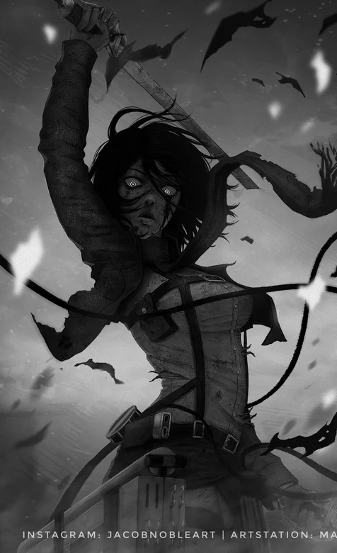 日漫作品“进击的巨人”狂暴女角色黑色系手机壁纸