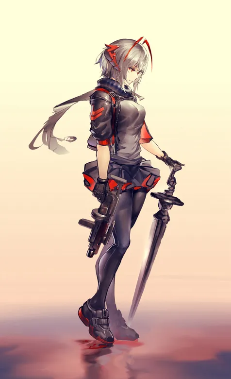 一手拿枪一手拿剑的动漫女战士