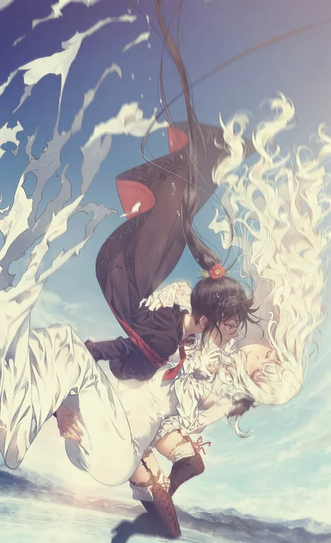 高空落下的一黑一白动漫长发女生手机壁纸，画面唯美